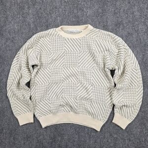 GEOFFREY BEENE 100% Cotton Sweater Sage Cream Medium 3D Geometric Knit